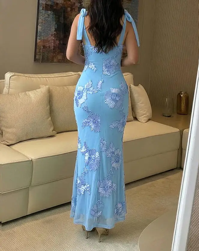 

22026 Summer New 3D Flower Pattern Decoration High Neck, Thin Shoulder Strap, Mermaid Skirt, Elegant Zipper Back Long Dress