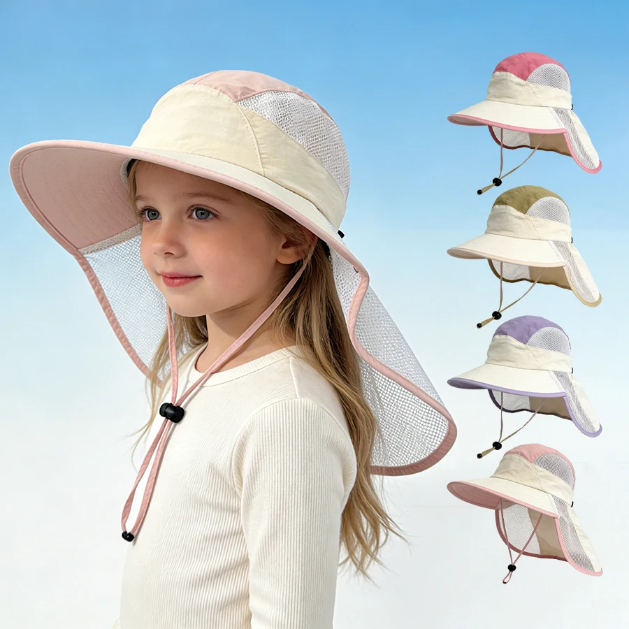 Summer double mesh children's wide-brimmed sun protection hat - shawl-style cap