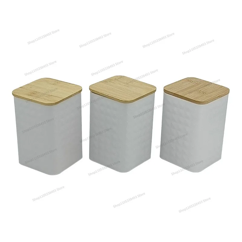 For Square Metal Pattern Sealed Jar Coffee Beans Tea Sugar Food Storage Box Bamboo Lid Metal Jar
