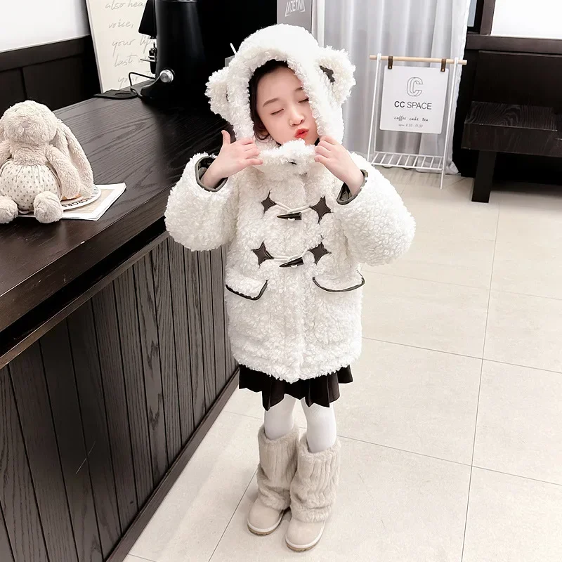 Girls Fur Integrated Coat Winter 2024 New Foreign Wool Sweater Children's Medium and Long Lamb Wool Coat