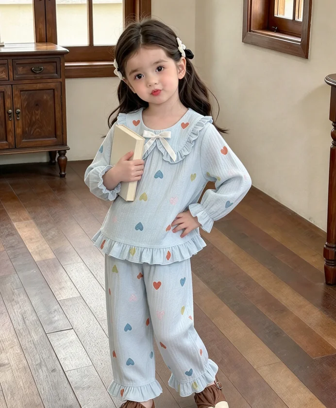 Girls Home Clothes Set Cotton Class A 2026 Spring Autumn New Girls Baby Pajama Set Sweet Lace Two Piece Set