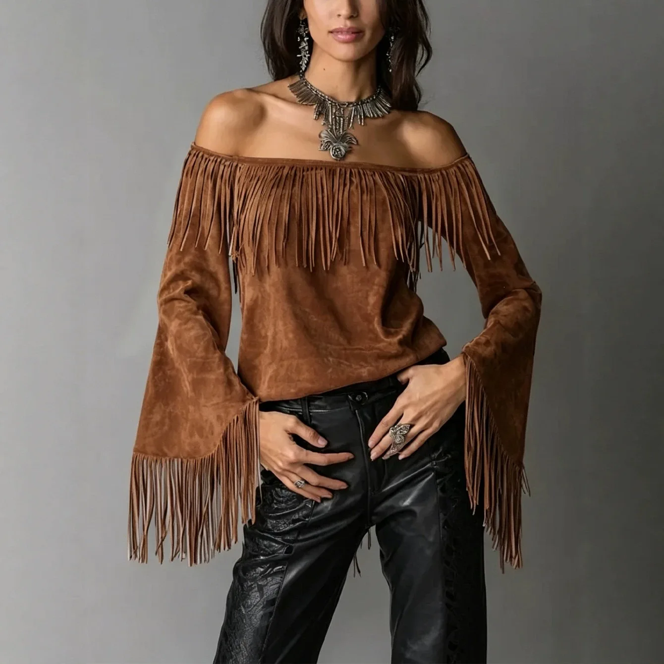 Tassel Top For Women, New Style, One-shoulder, Suede, Flared Long Sleeves, Western-style, Off-the-shoulder T-shirt Vestidos
