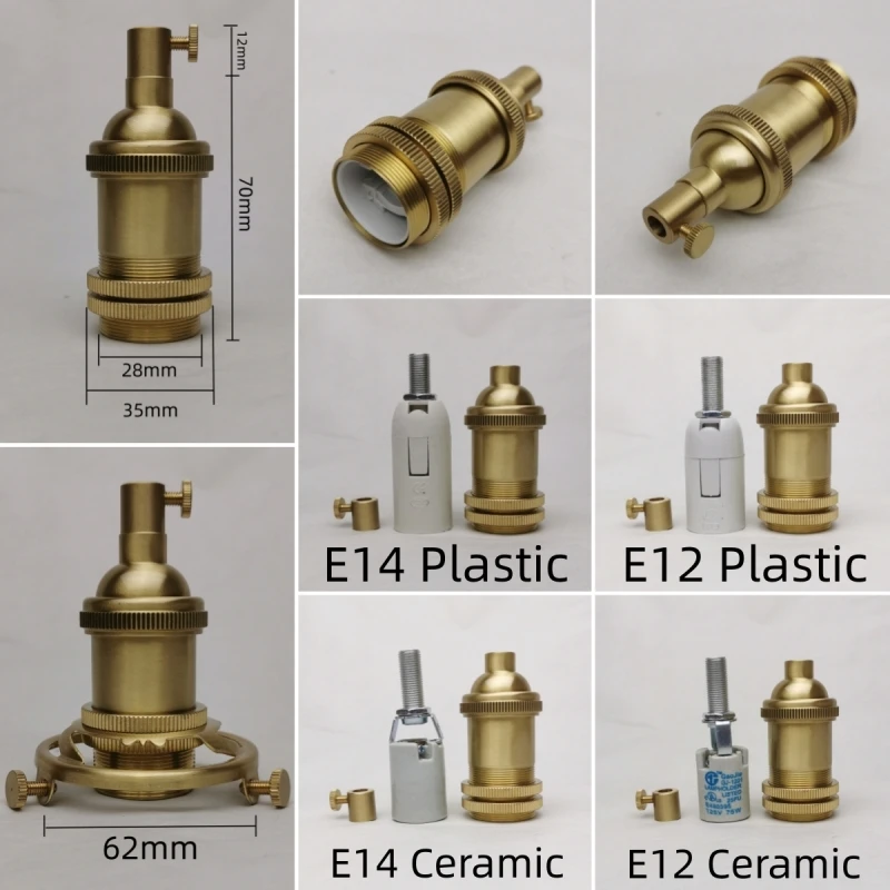 E14 Spiral Brass Light Sockets E12 Retro Ceiling Lamp Base Ceramic All Copper Accessories Lampshade Fixed Threaded Lamp Holder