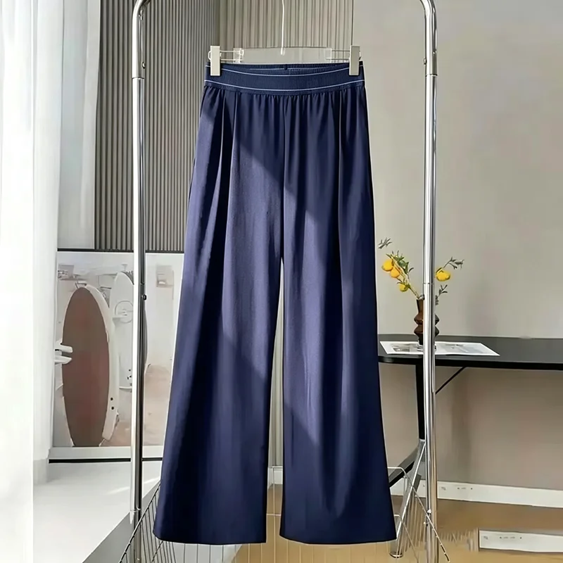 Women Wide Leg Trousers High Waist Contrast Double Stitch Waistband Side Pockets Relaxed Straight Wrinkle Resistant Office
