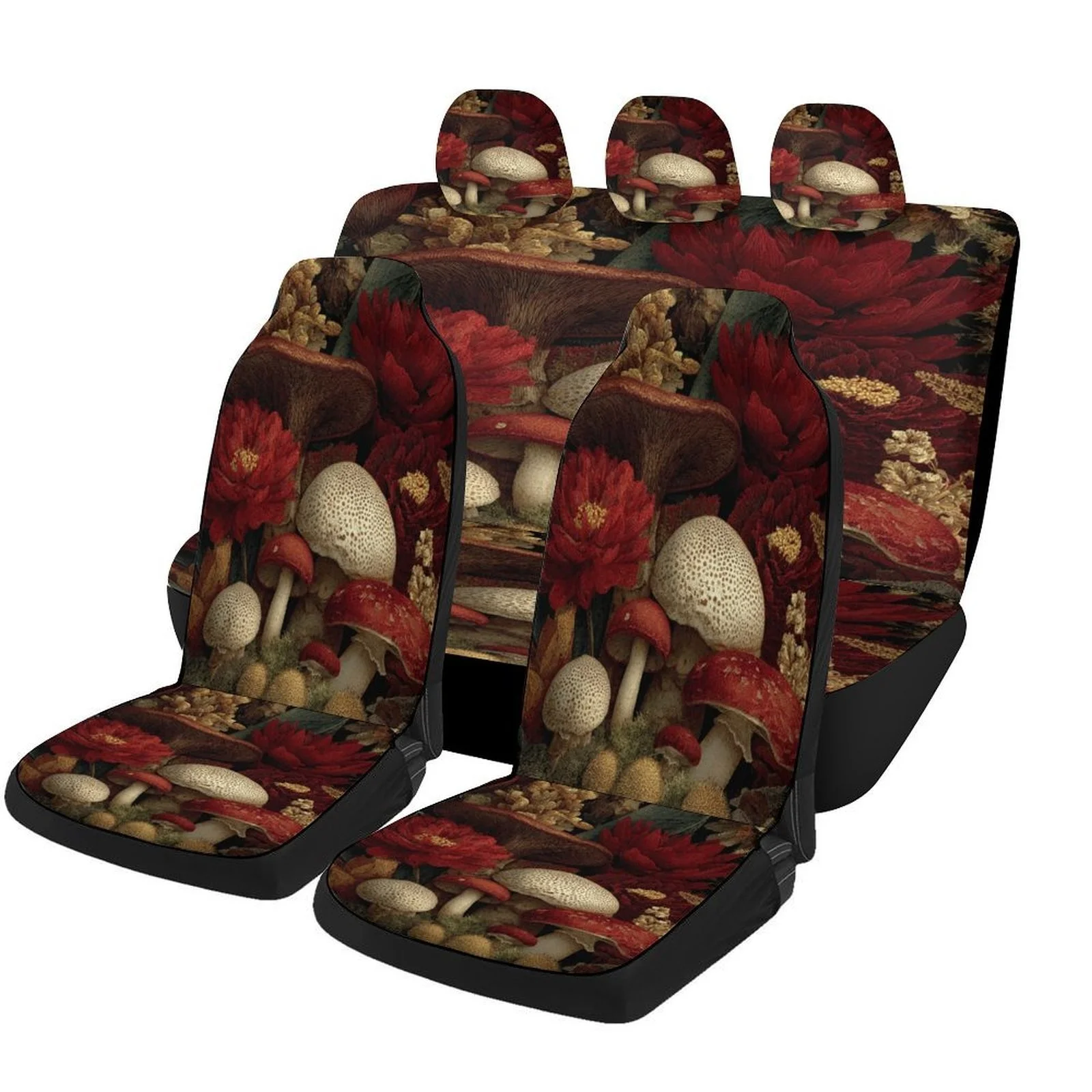 Set Of Car Seat Covers Featuring A Mushroom Garden Design, Suitable For Various Vehicles. Stylish And Unique, This Complete Set