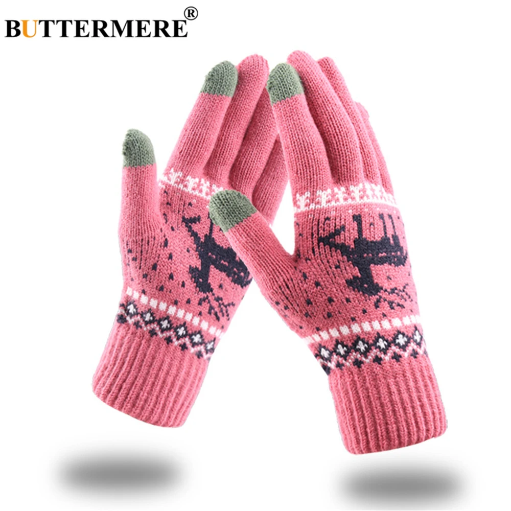 BUTTERMERE Knitting White Gloves Women Men Touch Screen Deer Pattern Christmas Warm Male Female Glove Fashion Guantes