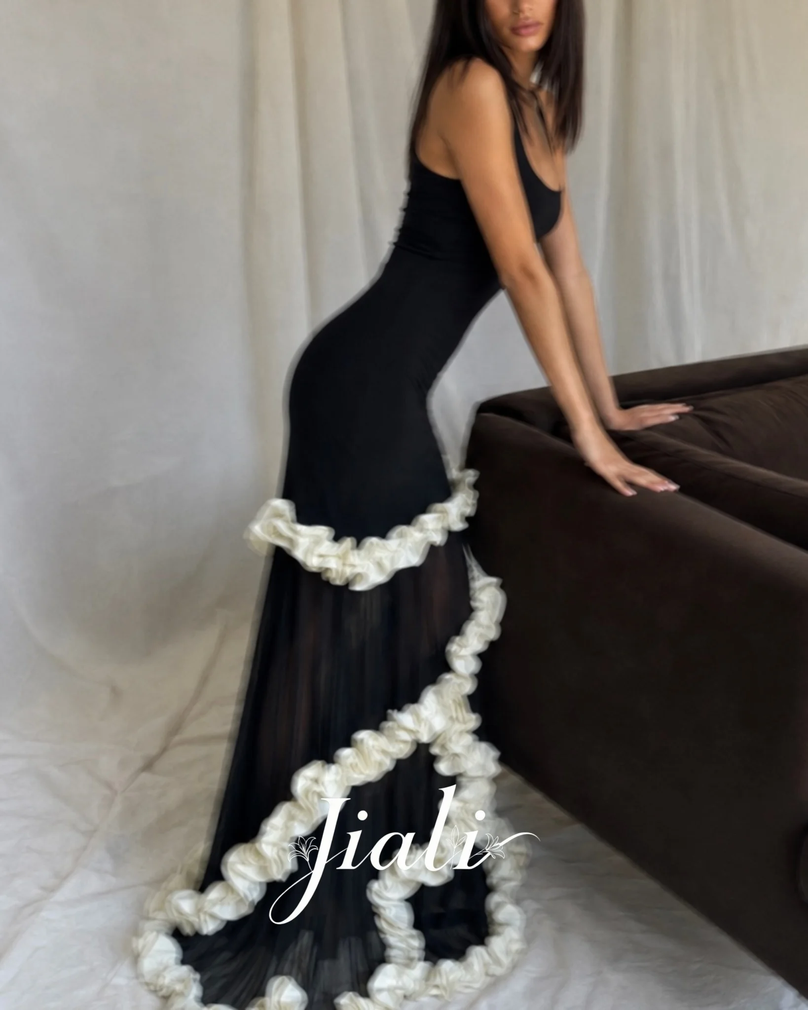 Jiali Customized Women Square Collar Spaghetti Strap Ruffles Patchwork Maxi Bandage Dress Celebrity Elegant Evening Party Gowns