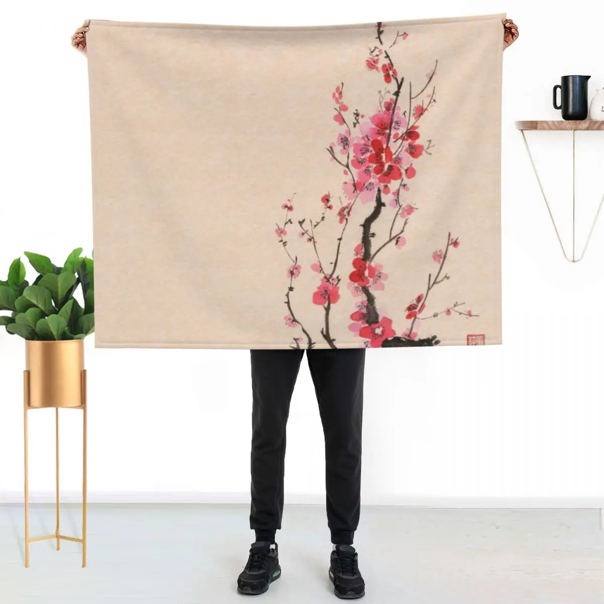 Japanese sumi-e ink painting of an iconic plum blossom branch with red flowers on beige background art print Throw Blanket