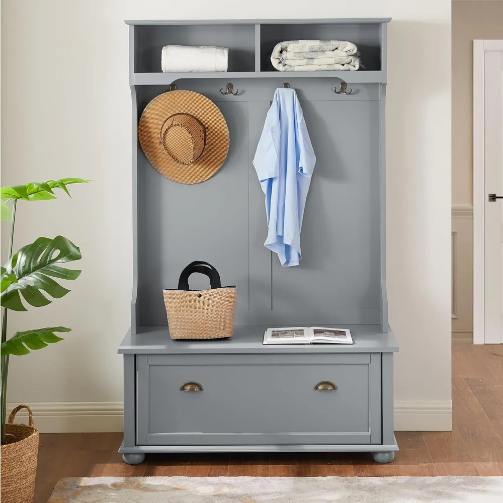 

4-in-1 Modern Classic Hall Tree, with Shoe Rack, Storage Bench and Coat Hooks, Entryway Bench W/Open Shelves