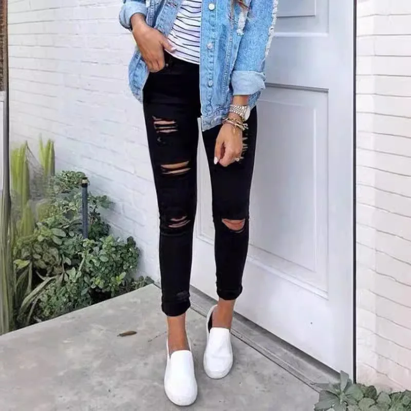 

Женские джинсы с высокой талией, облегающие, чисто черные, эластичные, качественные, длинные брюки-карандаш, для повседневной носки, брендовые, без этикетки, 100% хлопок