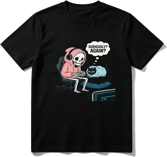 Skeleton Gaming T-Shirt mit Katzengrafik – Lustiges Gamer- & Tierliebhaber-Design, lässiges, weiches Baumwoll-Crewneck-Top für Männer und Frauen, Halloween-Kostüm – Detail 9