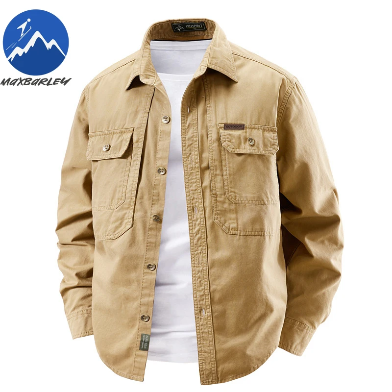 

Maxbarley 100 Cotton Shirt Men 2026 New Outdoor Wear-resistant Pocket Work Long Sleeve Top Spring Single-breasted Cardigan Shirt