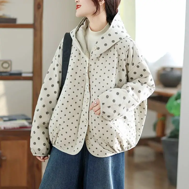 

Осенне-зимняя модная женская хлопковая куртка для повседневной носки и отдыха с капюшоном и узором в горошек