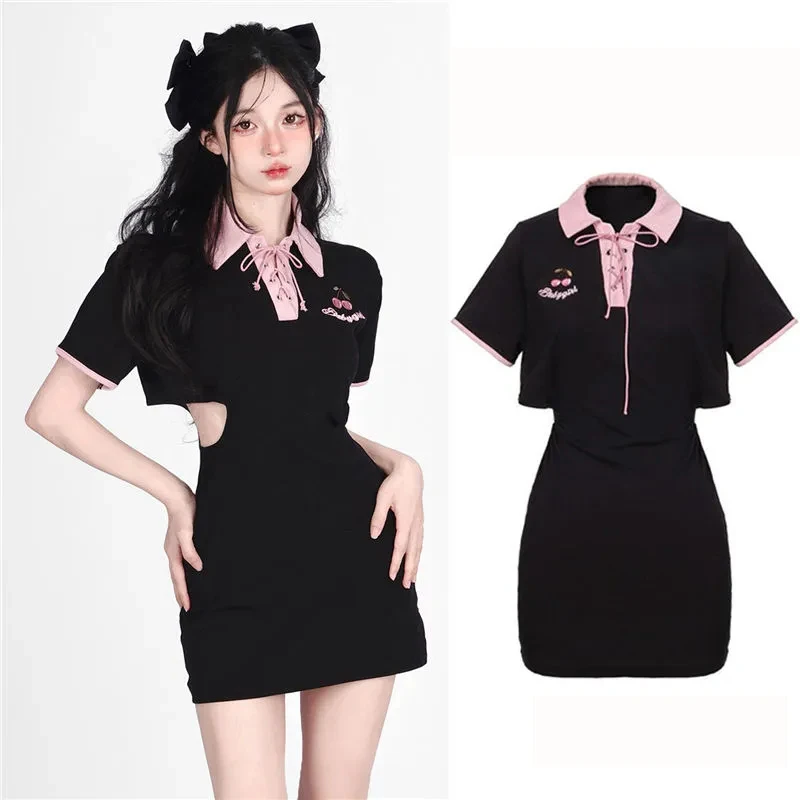 Korean Dresses Women Streetwear Clothes Hollow Waist Strap Cherry Embroidery Polo Short Sleeved Bag Hip Black Summer Dress Women