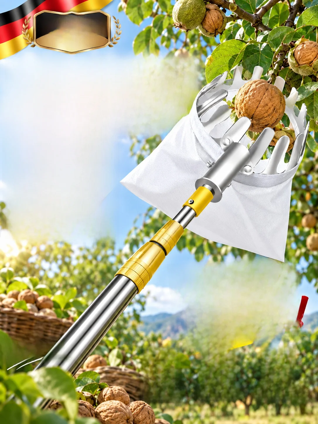 Stainless Steel Extendable Pole for Picking Apples Peaches Plums High up Walnut Cracking Tool Fruit Harvesting Device