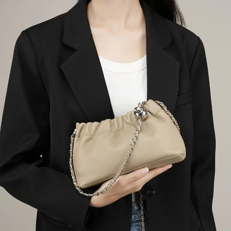 High-end Pleated Bag with Gold Chain New Style Cowhide Versatile Cloud Bag Shoulder, Armpit and Crossbody Bag