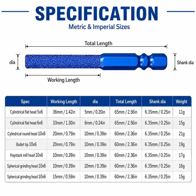 7Pcs Diamond Coated Burr Bits Set 1/4 Inch Hex Shank for Stone Granite Marble Ceramic Grinding Work
