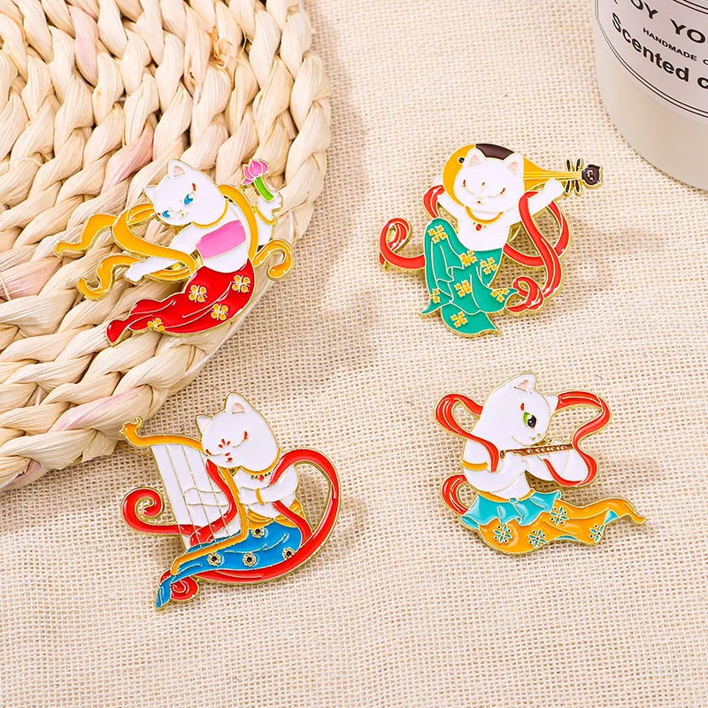 Creative Dance Cat Brooch Harp Lute Flute Dunhuang Flying Series Cartoon White Cat Metal Enamel Pin Badge Lapel Jewelry Gift