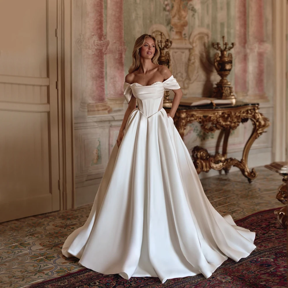 

Customized Satin Wedding Dress Off Shoulder Beaded A-Line Elegant Bride Gowns Pocket Backless Wedding Party Gowns Customized