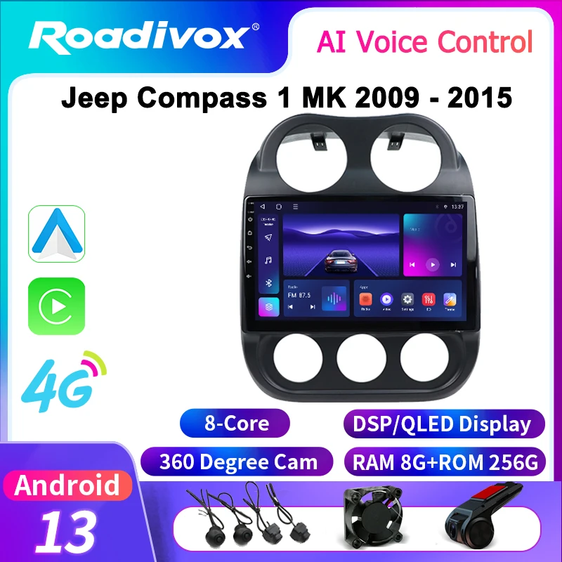 roadivox Android Car Radio for Jeep Compass 1 MK 2009 - 2015 GPS Navigation Video Stereo Screen Multimedia Player Carplay