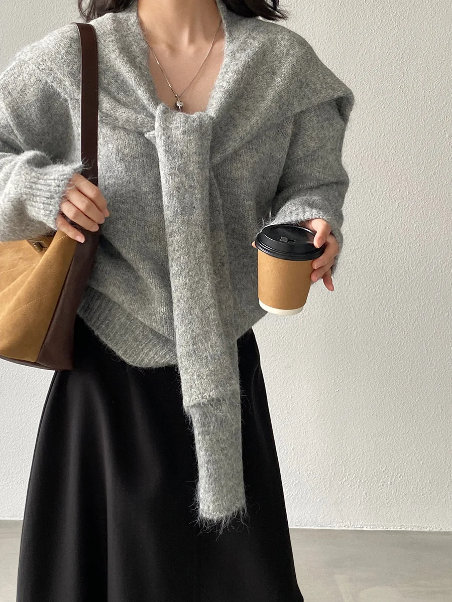 2025 가을 단색 부드럽고 편안한 니트 스웨터 + 숄 스타일의 루즈하고 우아한 다용도 스웨터