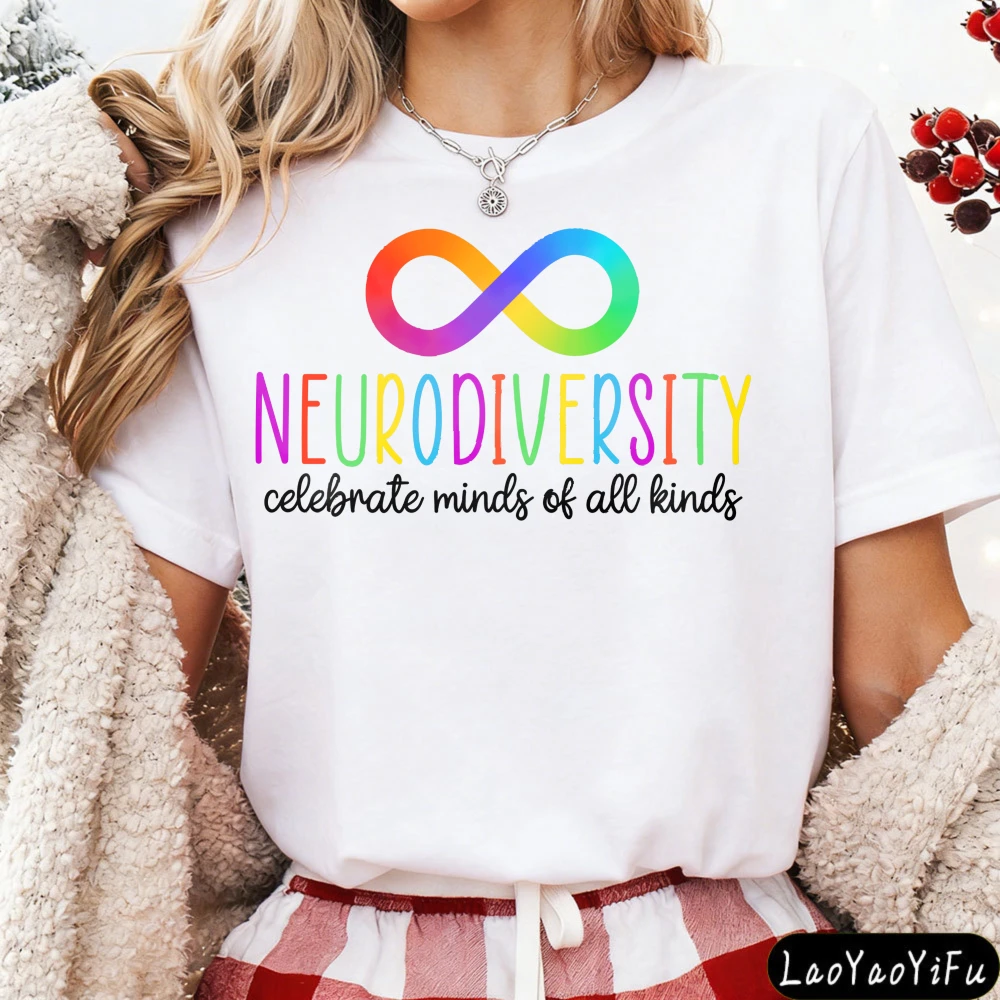 Neurodiversity Rainbow Infinity Symbol Women T-Shirt Casual Fashion Cotton Short Sleeve Summer Top for Autistic Awareness Gift
