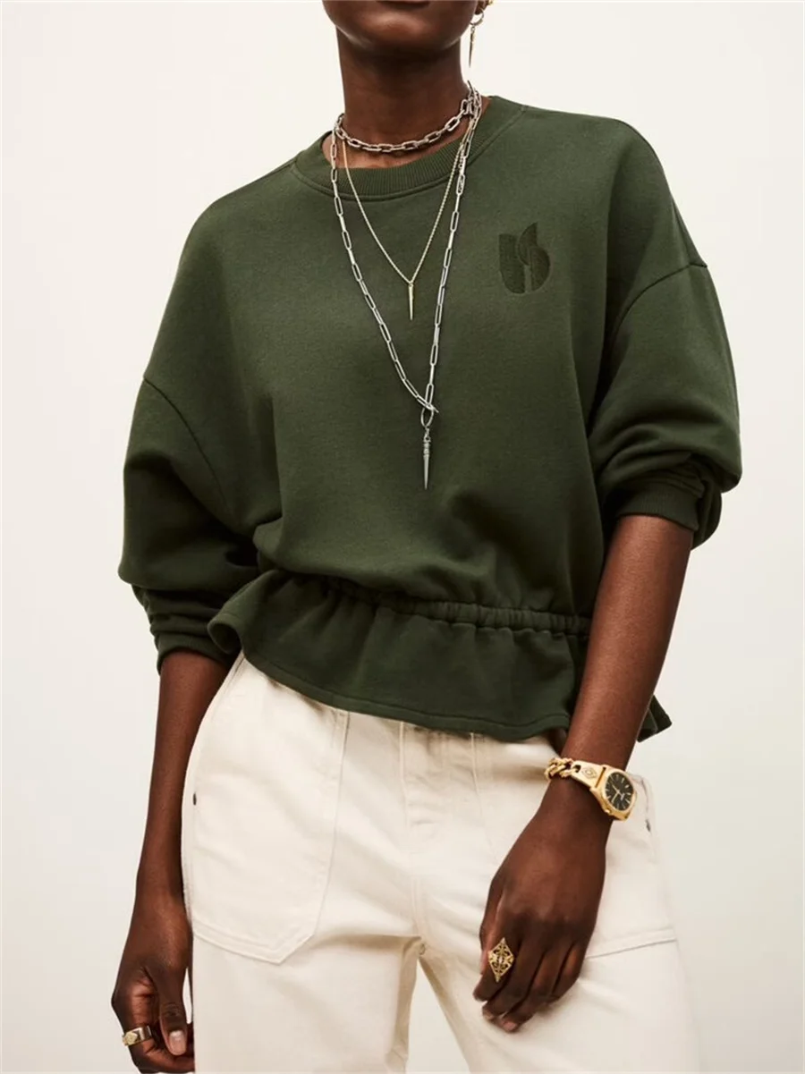 Sudadera con cordón bordado para mujer, jersey de felpa de manga larga con cuello redondo para otoño