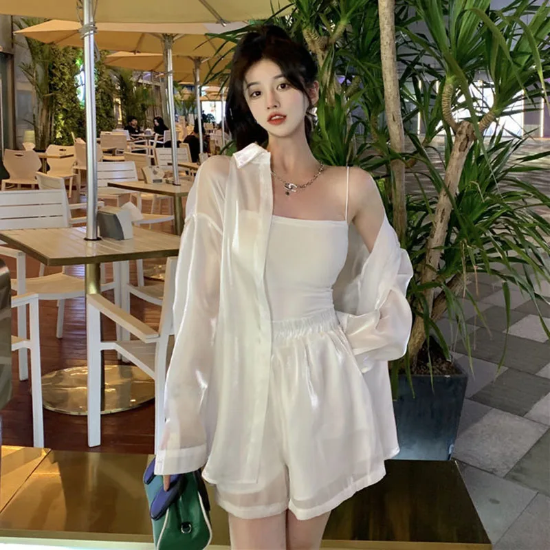 2023 Spring Summer Thin Silk Blouse Women Pure Desire Style Pearly-Lustre See Through Shirts Korean White Sun Protection Shirt