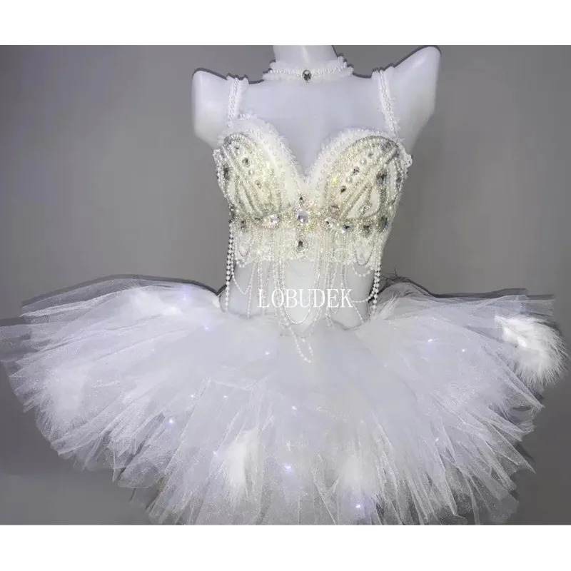 White Pearls Crystal Bikini LED Bubble Skirt Set Women Sexy Rave Party Nightclub Costumes DJ Dance Group Performance Clothing