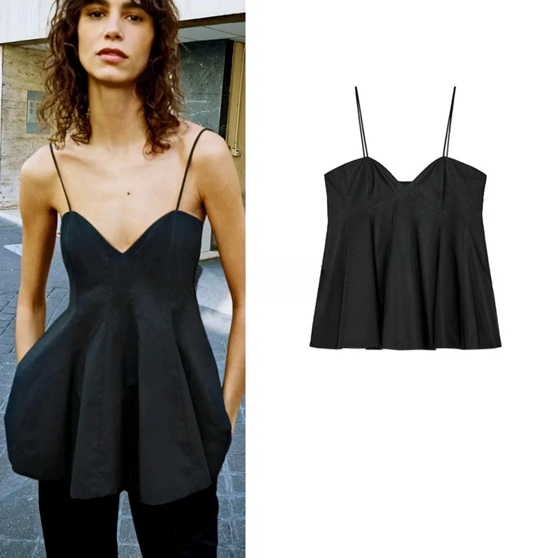 

New Summer Women's Design Sensation Small Cro Bal Strap Dr Sle V-ne Top Commute Slim Fit Regular Length Pure Color