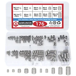 176Pcs M2.5, M3, M4, M5, M6 Metric Hex Socket Head Cup Point Set Screws, 304 Stainless Steel Allen Head Grub Screw, Internal Hex