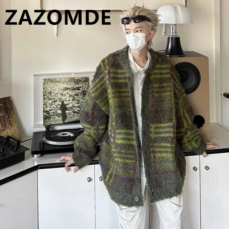 ZAZOMDE-Camisolas listradas vintage soltas, jumpers casuais de manga comprida, cardigã Y2K, casaco de inverno, top Harajuku