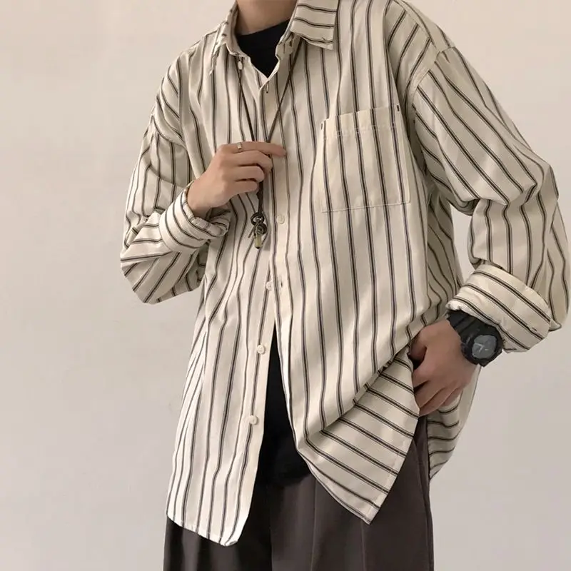 EBAIHUI Men's Vertical Striped Long Sleeved Shirt Japanese Retro Loose Lapel Top Casual Single Breasted Male Thin Coat