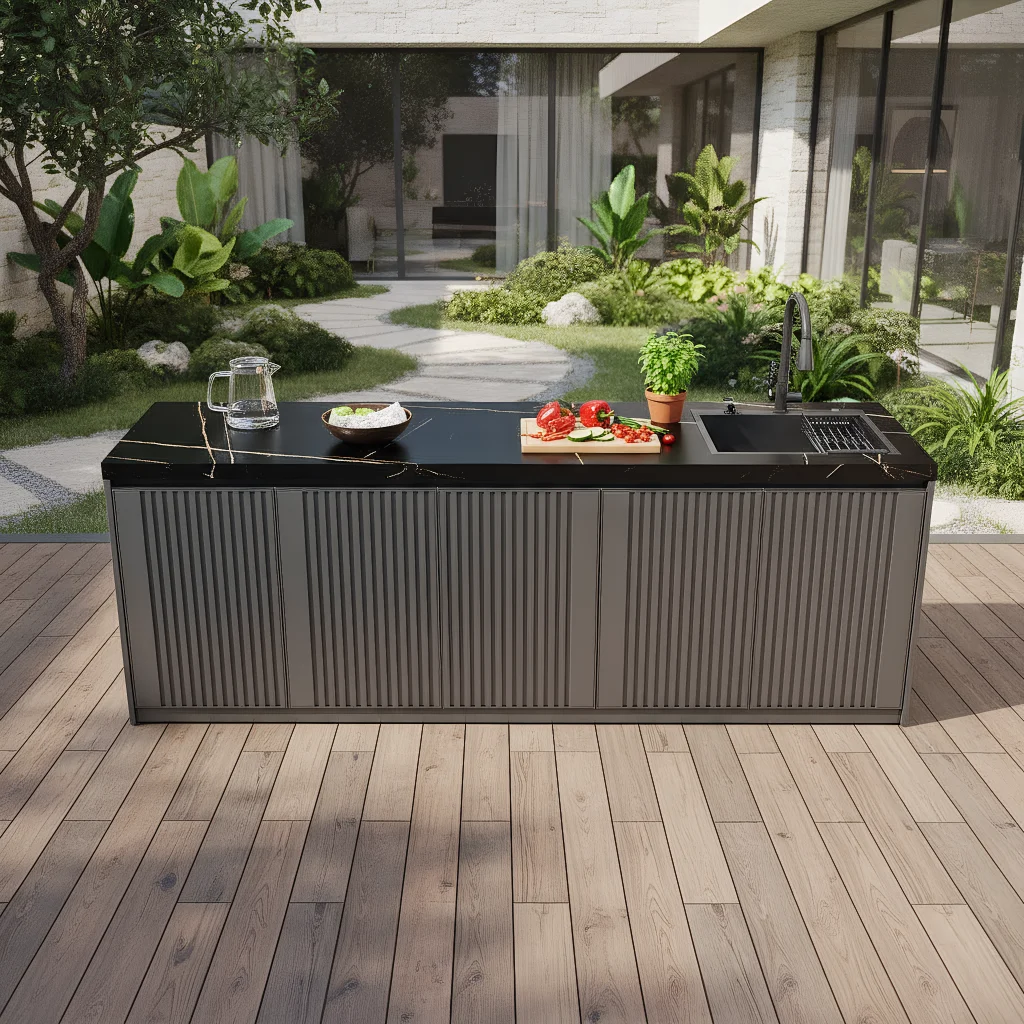 Outdoor Courtyard Workbench: Sintered Stone Countertop with Aluminum Honeycomb Core; Balcony Washbasin and Storage Island.