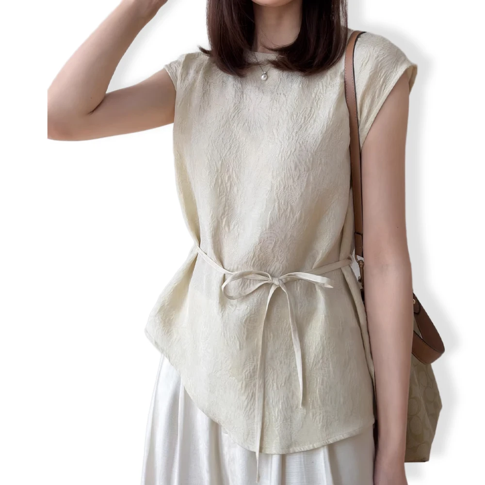 Women's Casual Summer New 100%Natural Mulberry Silk Golden Silk Jacquard Guanle Wrinkled Round Neck Raglan Short Sleeved T-shirt