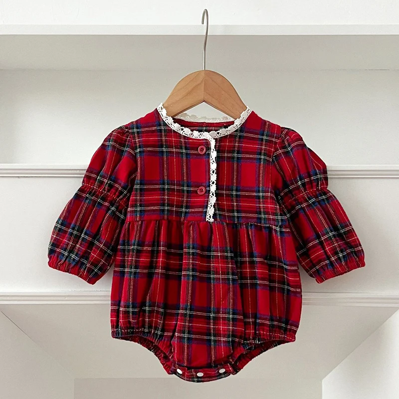 Neue Weihnachten Kleinkind Baby Mädchen Strampler Lange Ärmel Grid Strampler Herbst Neugeborenen 0-24M Spleißen Infant Baby mädchen Rot Overall – Detail 10