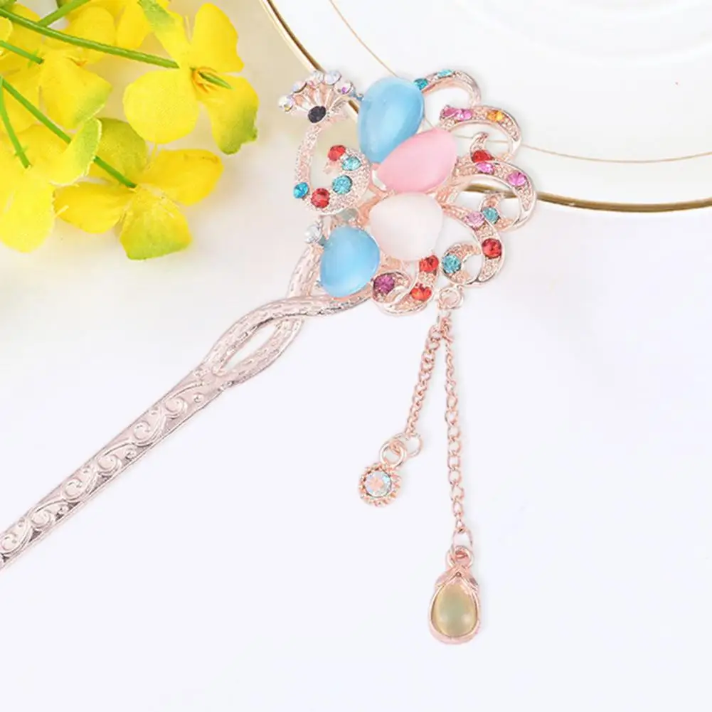 Women Hair Fork Exquisite Chinese Style Hair Stick Colorful Rhinestone Flower Decor Tassel Hollow Out Lightweight Hair Fork