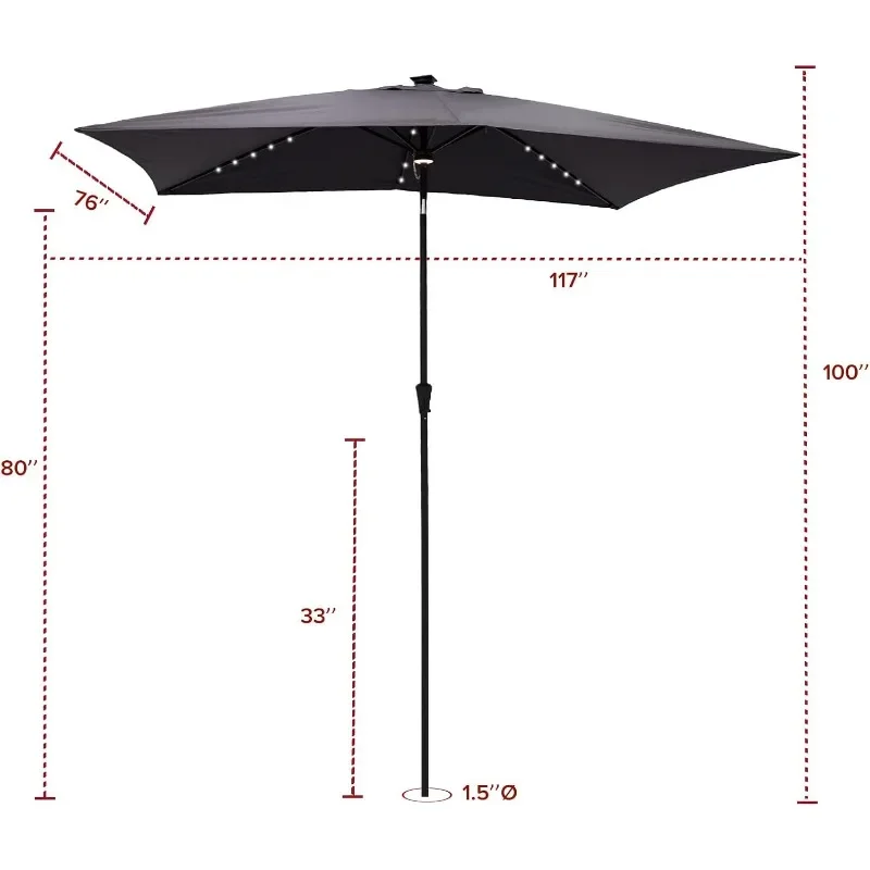 ร่มและโต๊ะพลังงานแสงอาทิตย์ทรงสี่เหลี่ยมขนาด6.5x10ฟุต, ร่มพร้อมไฟ LED และเอียง