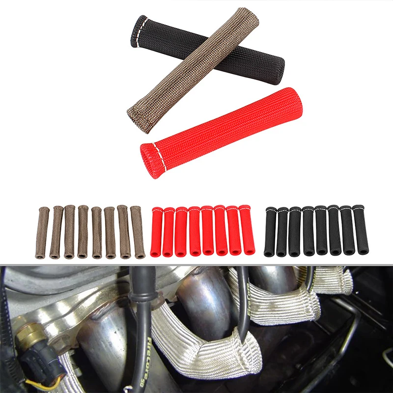 8Pcs Titanium Fiber Spark Plug Wire Boot Sleeves 2500℉ Heat Shield Insulation Protector for Car Turbo Mod, Red Black Titanium