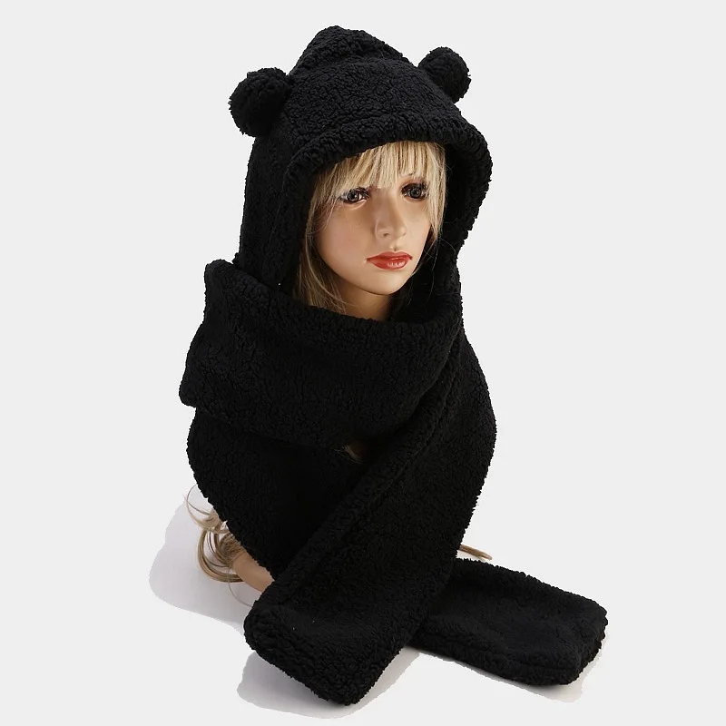 Winter Hat Scarf One-Piece Warm Plush Lining Bear Ears Beanies Neck Protection Bonnet Scarves for Women Girls Windproof Skullies