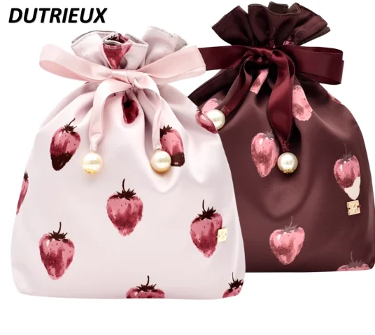 Ladies Sweet Big Strawberry Travel Portable Cosmetic Drawstring Bag for Women Sweet Cute Underwear Storage Make Up Bag Female