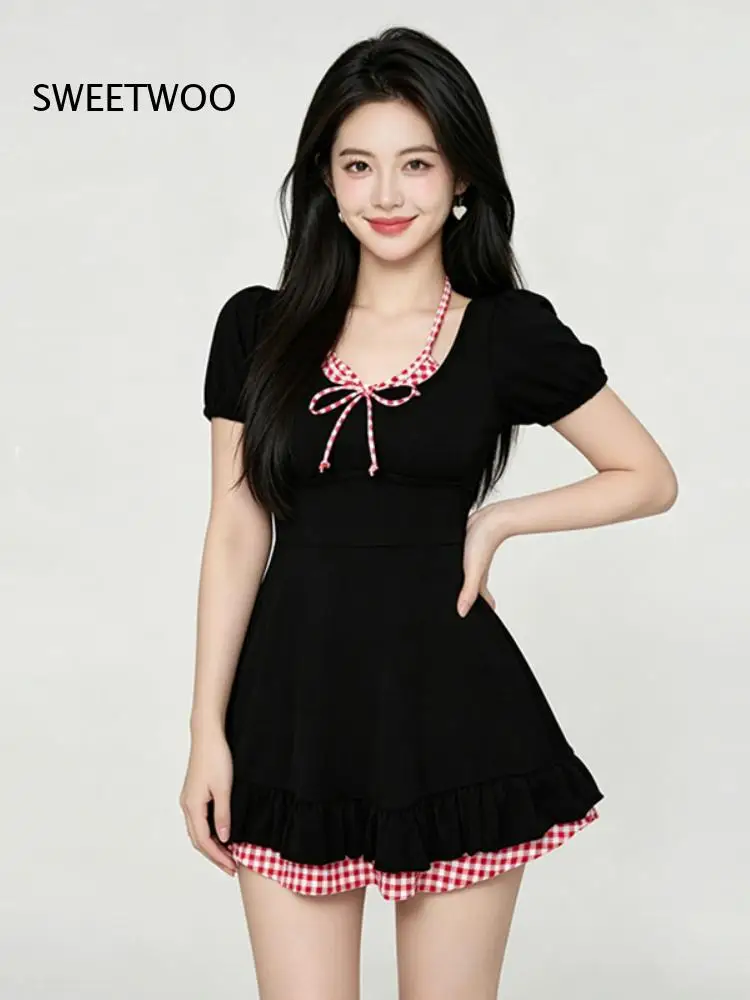 Women One Piece Swim Dress Short Sleeve Square Neck Bow Decor Ruffle Hem Conservative Skirt Style Bathing Suit