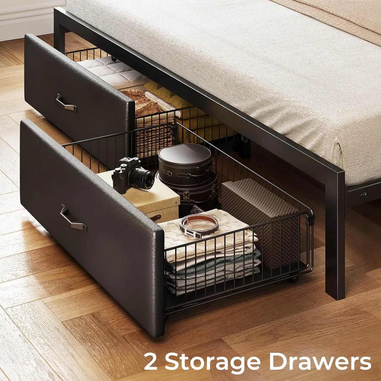 Extra large bed frame with drawers and charging station, cushioned platform bed, no need for box springs, no noise, black