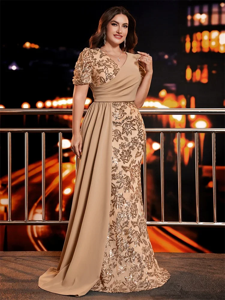 

Women Luxury Mermaid Wedding Party Bridesmaid Gowns Plus Size Elegant Short Sleeve Sequins Formal Evening Dresses Customized