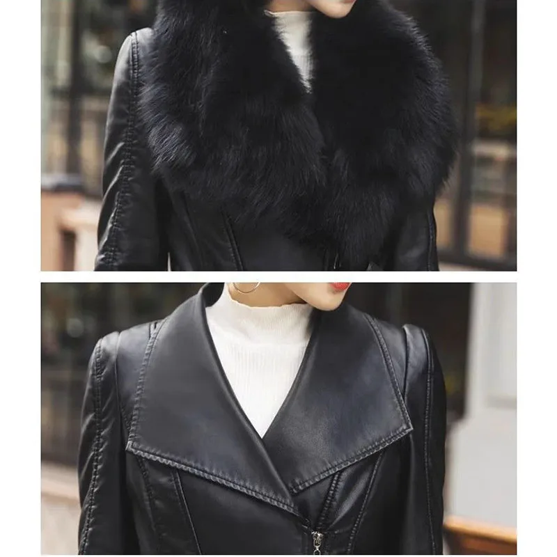 Mid-Length Chic Leather Coat Women Overcoat 2024 New Autumn Winter Loose Fur Collar Single-Breasted PU Leather Windbreakers