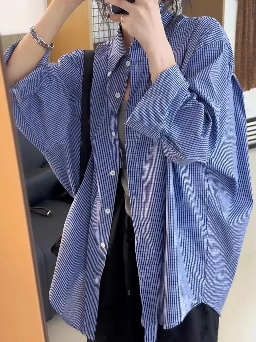 Loose Korean Style Blue Plaid Shirt Women's Casual Long Sleeve Lazy Style plus Size Autumn Season Fashionable Slimming Top