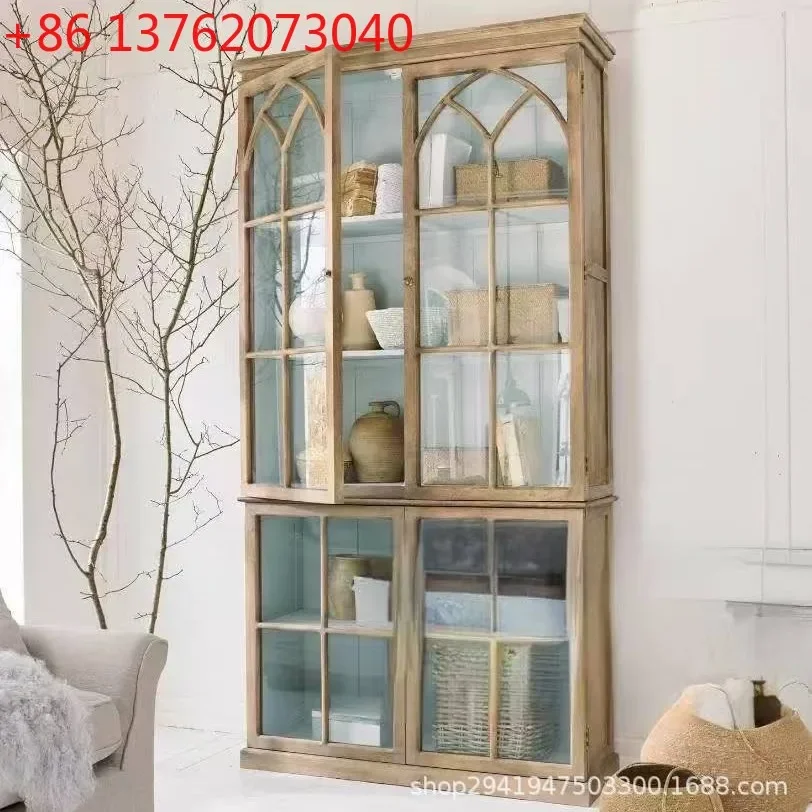 European solid wood retro wine cabinet glass door dining side cabinet American oak bookcase