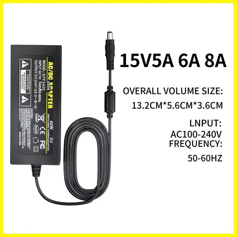 محول طاقة 15V5A 6A 8A، محول تيار متردد/تيار مستمر 100-240 فولت، قابس 5.5 × 2.5 مم لإضاءة شريط LED، الإضاءة، الطابعة، جهاز سطح المكتب