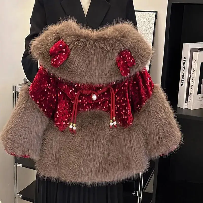 Baby girl fur coat autumn and winter new style stylish children's plush thick Jacket 2 4 6 7Y
