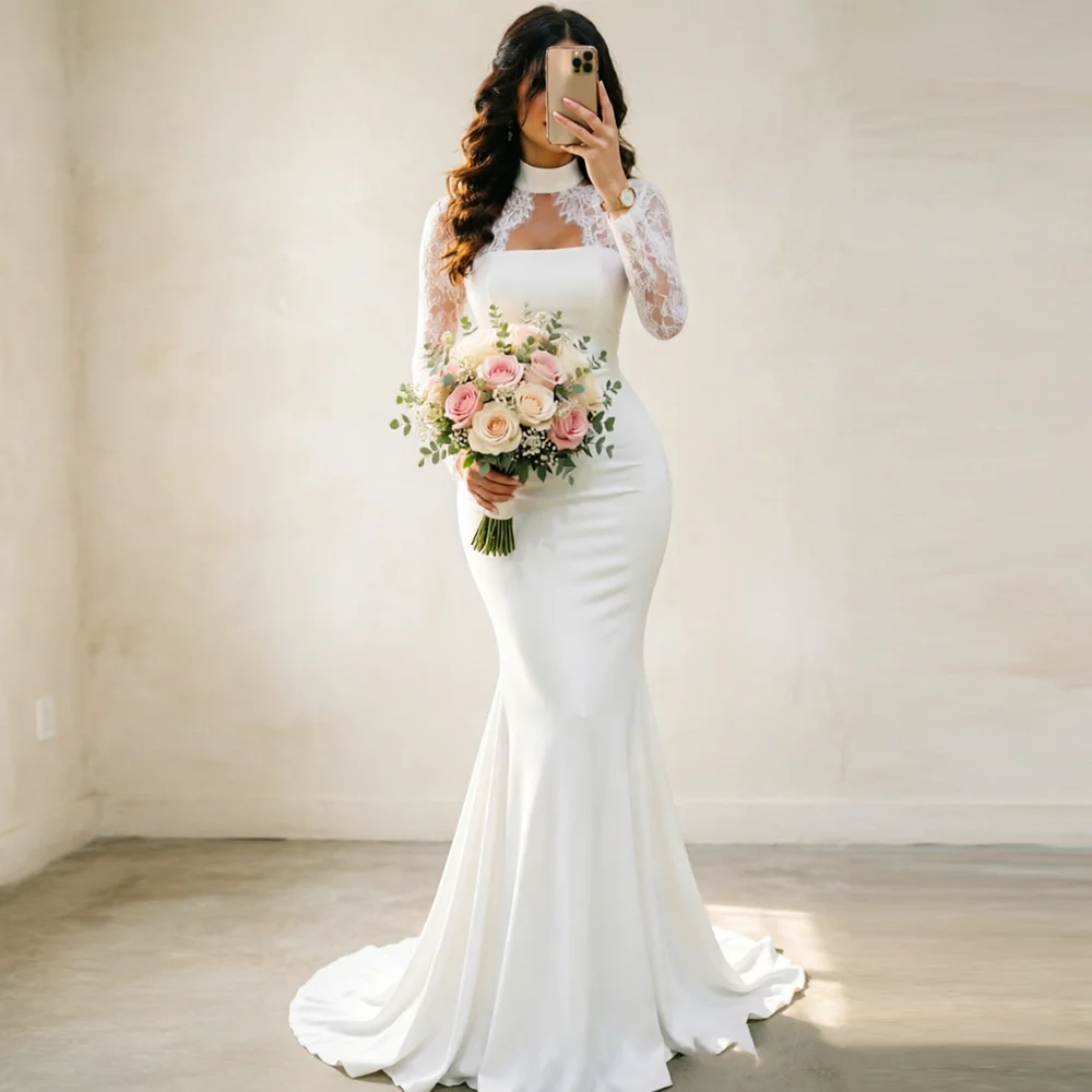 Eightale Arabic Wedding Dress Lace Customized Ivory Bridal Gown Mermaid Long Sleeves Bride Party Dress Vestido De Novia
